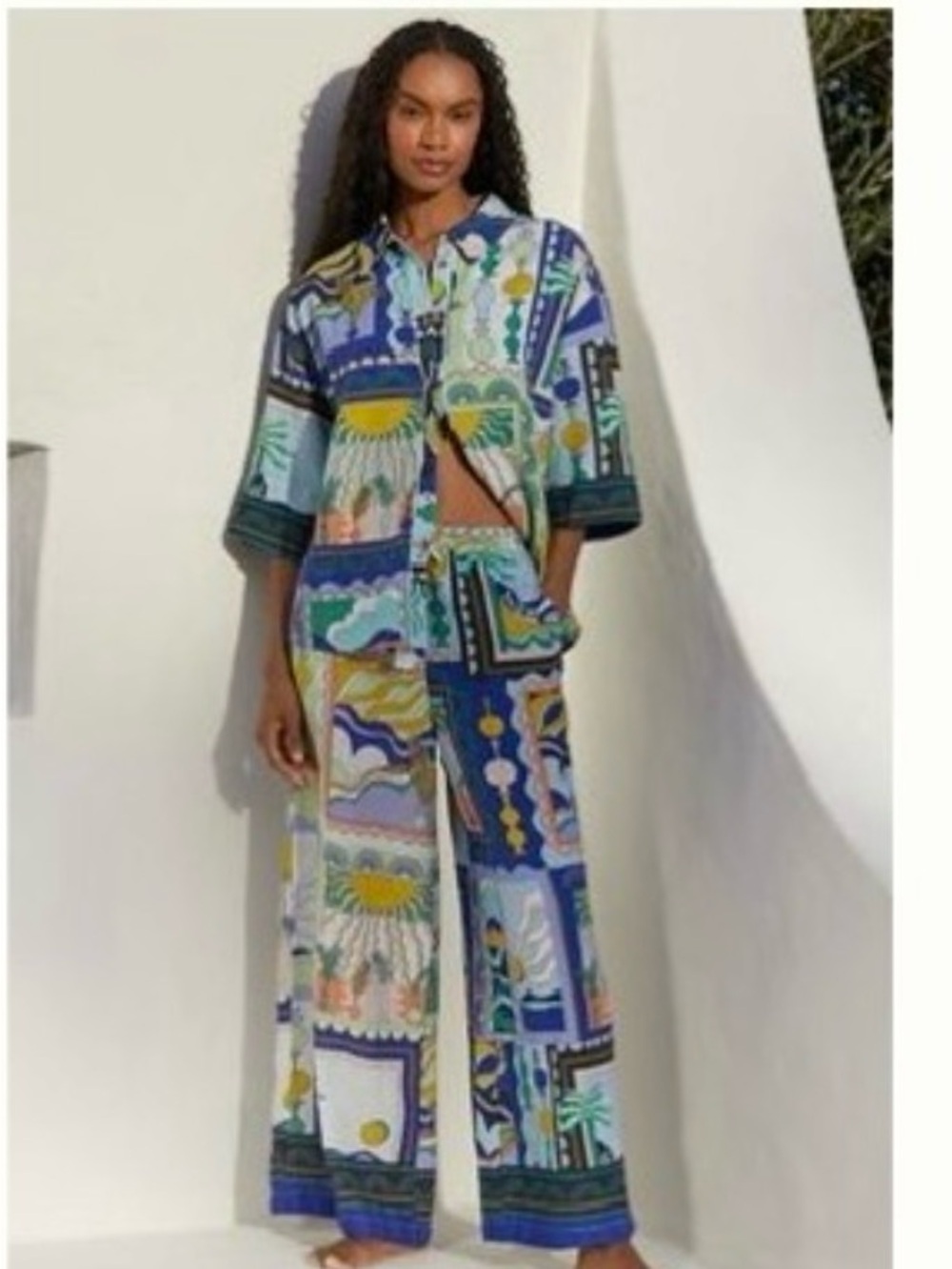 Anthropologie Novelty Resort Print Linen Vacation Pajama & Shirt Matching Set M